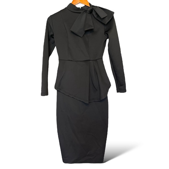 Vintage Inspired Peplum Dress Dark Gray Knee Length Long Sleeve Mock Neck S - Picture 1 of 5